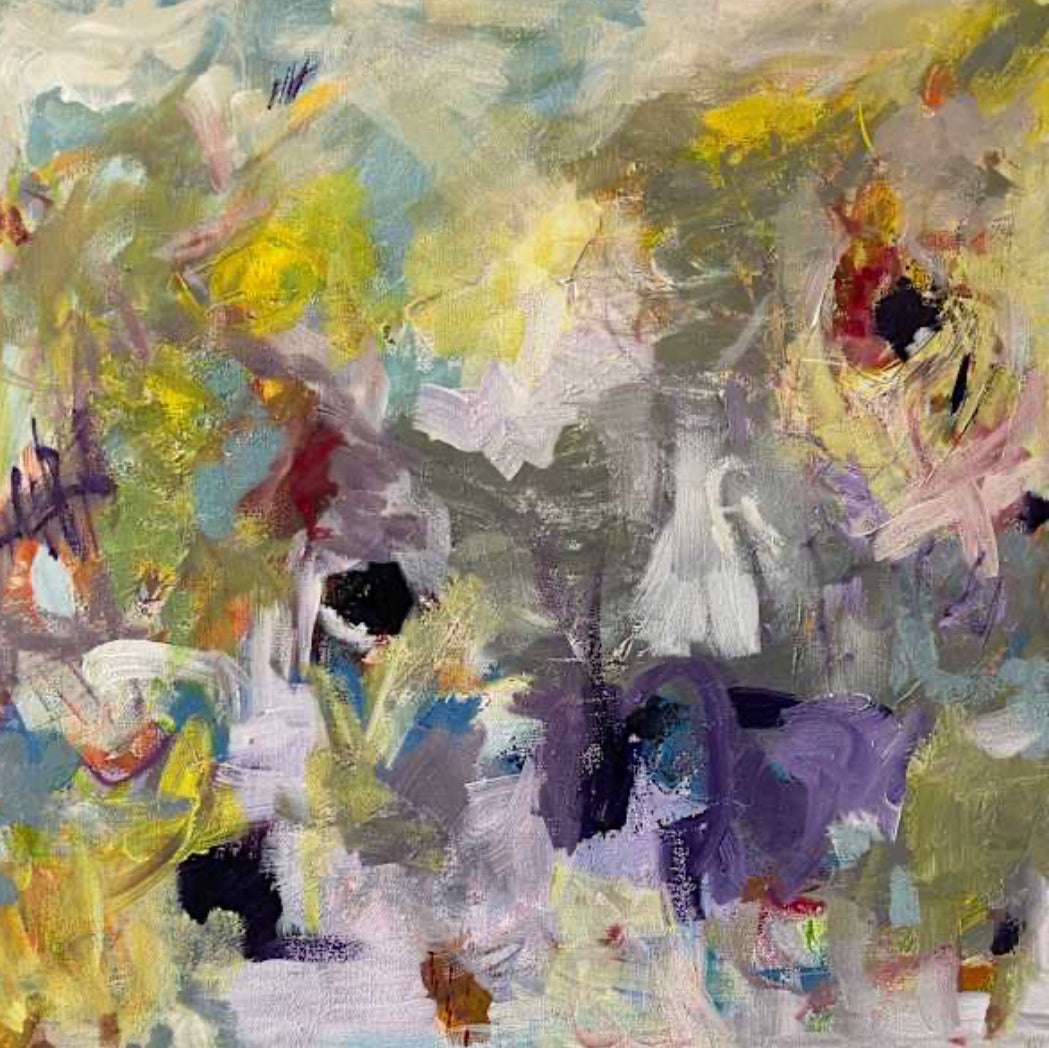Abstract painting with a variety of colors and textures. Yellows, purples grays and crimsons