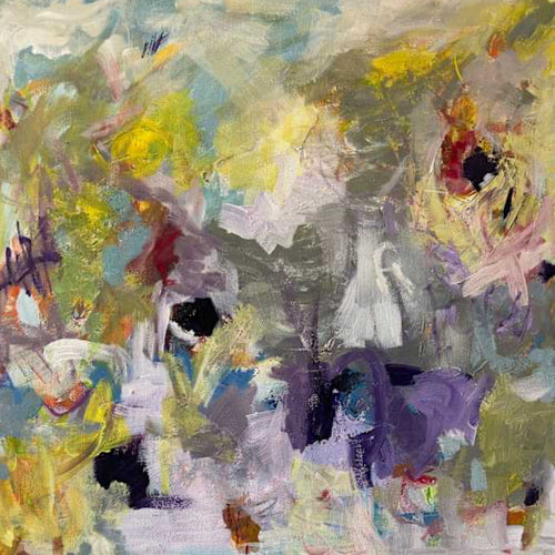 Abstract painting with a variety of colors and textures. Yellows, purples grays and crimsons