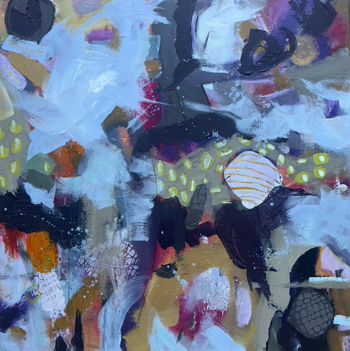 Abstract art with a mix of colors and textures to reveal the splashes of water and the ocean floor below the beach walk. Secret lives remain beneath the surface