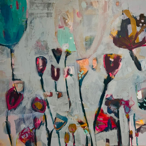 Abstract artwork with colorful flowers on a textured background
