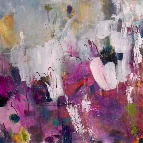 Abstract painting with a mix of colors and textures.Crimsons, purples, yellows, whites and bold lines all create the feeling of a walk through the garden