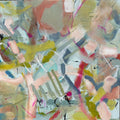 Abstract art with colorful brush strokes on a textured surface. Greens,blues and pinks,geographic and line marks layer the work to reveal the changes along the way