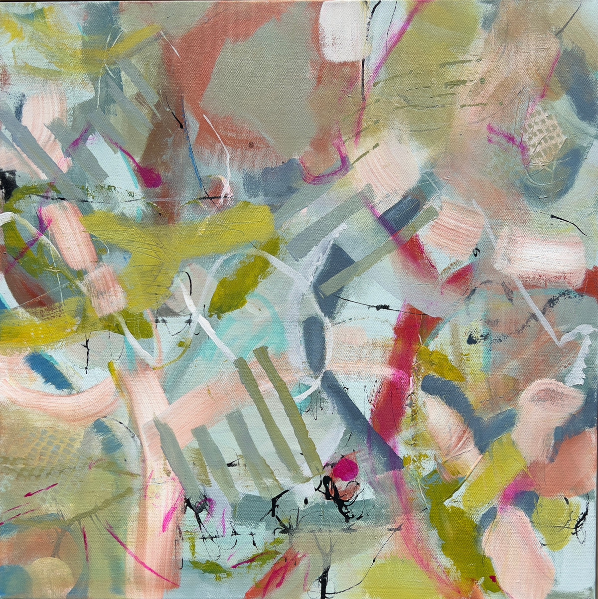 Abstract art with colorful brush strokes on a textured surface. Greens,blues and pinks,geographic and line marks layer the work to reveal the changes along the way