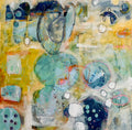 Abstract artwork with circular shapes and a mix of yellow, teal, pink and white. A child like playfulness remembered of summer puddles and blowing bubbles on the playground.