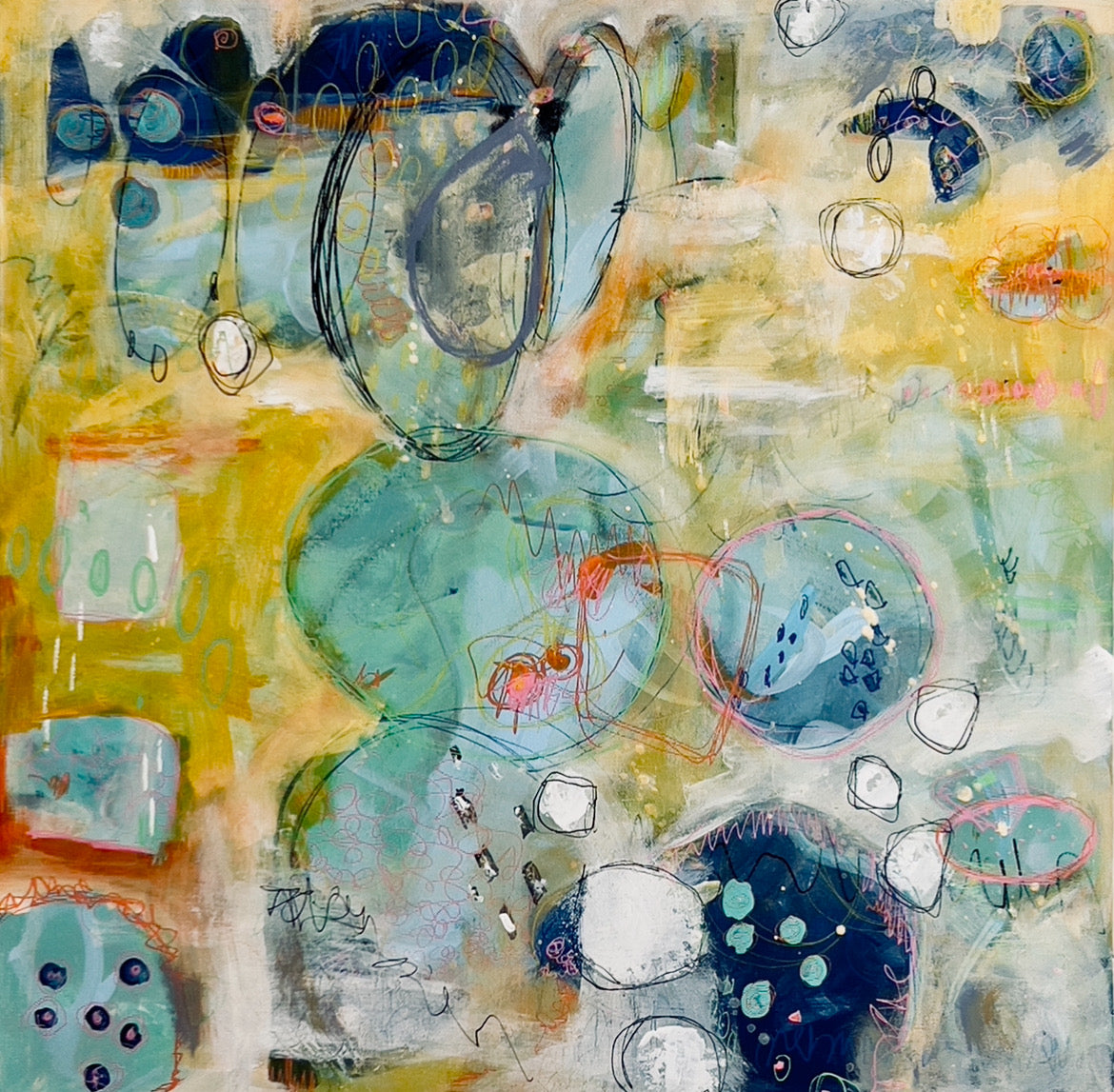 Abstract artwork with circular shapes and a mix of yellow, teal, pink and white. A child like playfulness remembered of summer puddles and blowing bubbles on the playground.