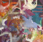 Abstract painting with vibrant colors and dynamic brush strokes. This rhythmn and blues jazz influenced painting illustrates the movement and marks that work with the beat of the music. 