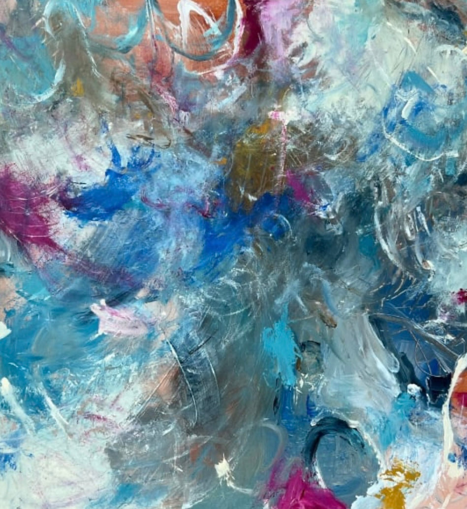 Abstract art with a mix of blue, white, and pink colors create movement and energy to your space.